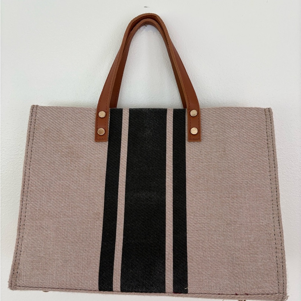Canvas Tote Bag with Black Stripe and Brown Handles